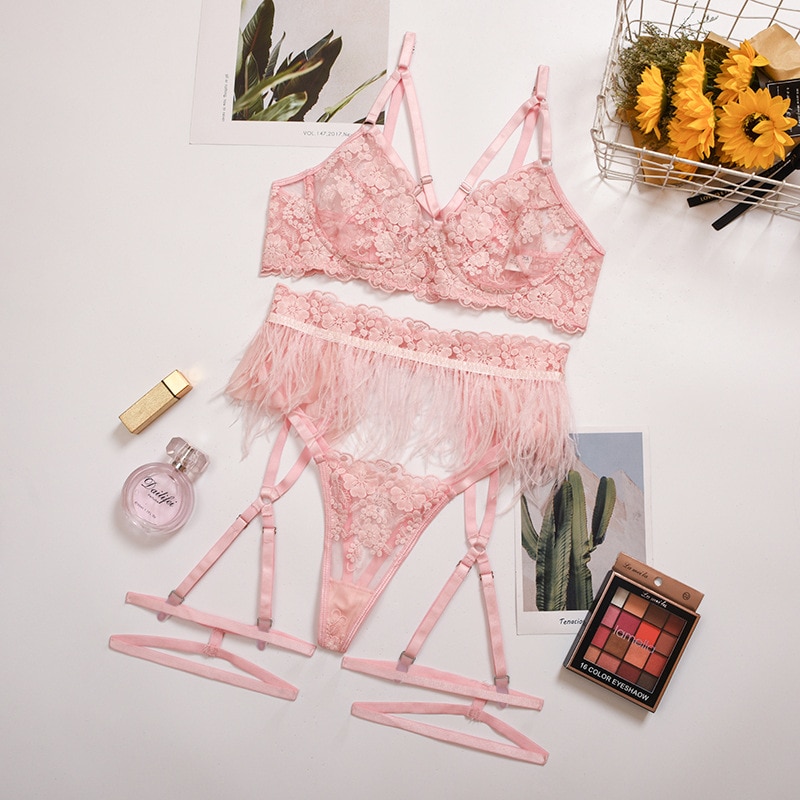 Feather Mesh Lingerie Set for Women