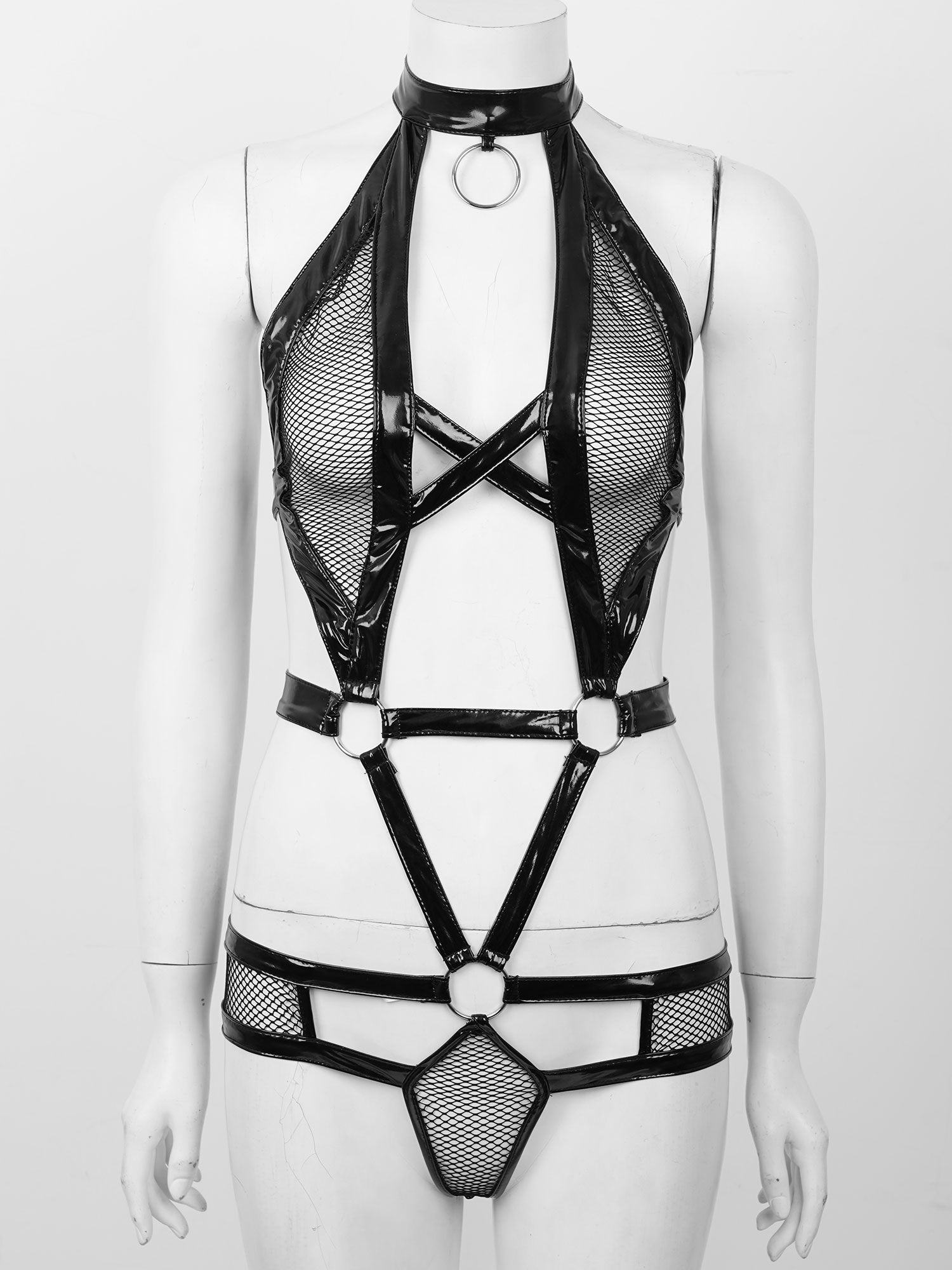 High Cut Lingerie Bodysuit with Latex Collar