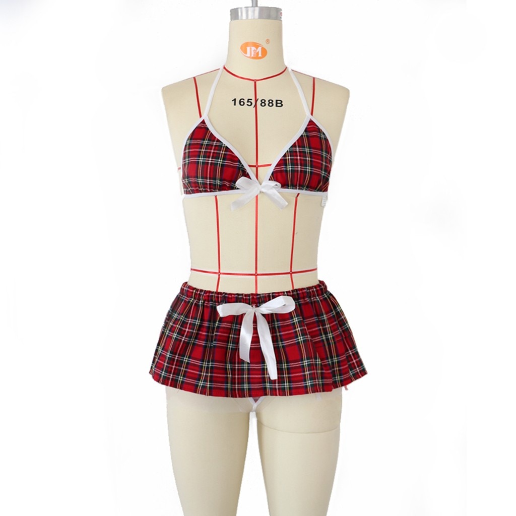 3 Pcs Women's Sexy Plaid Uniform Set