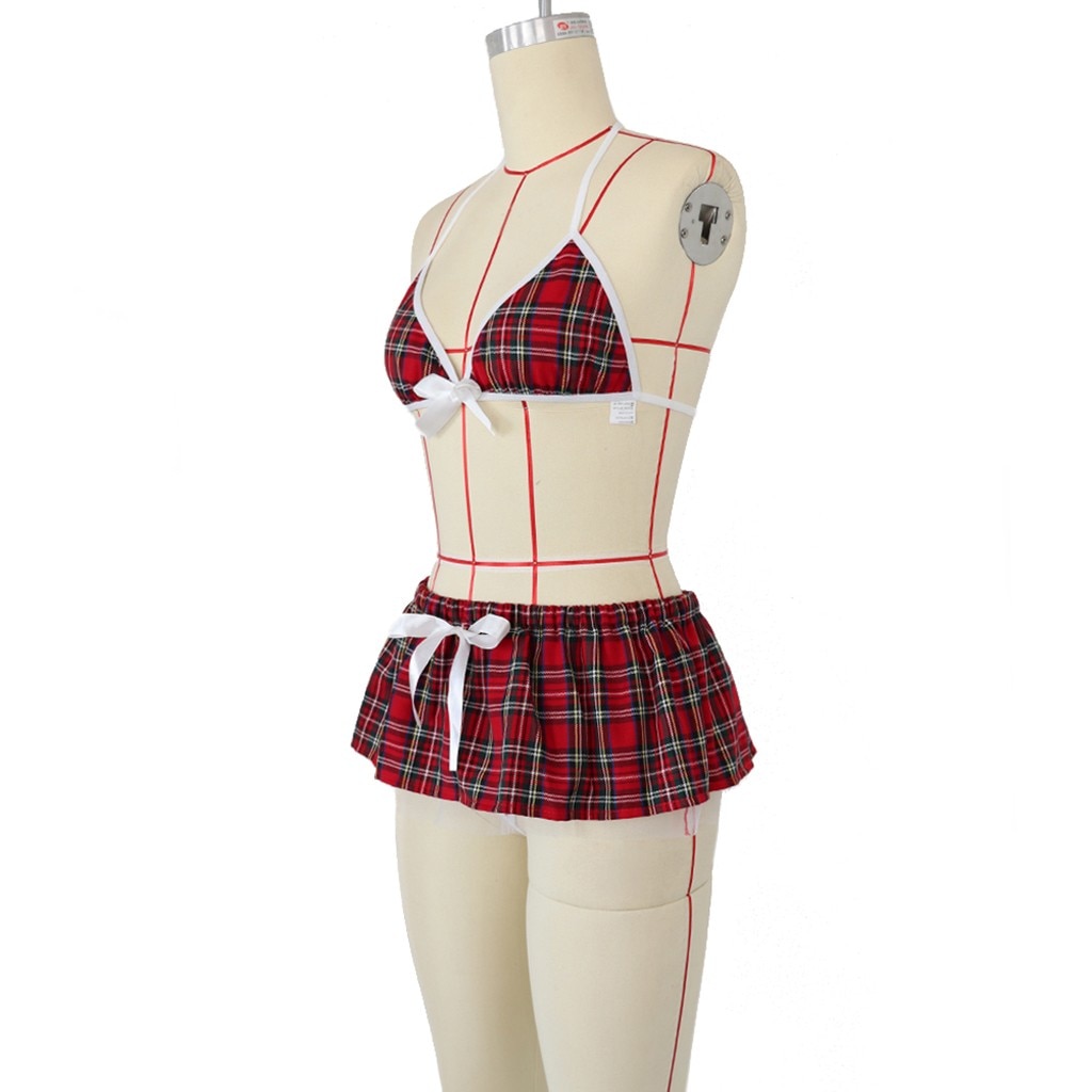 3 Pcs Women's Sexy Plaid Uniform Set