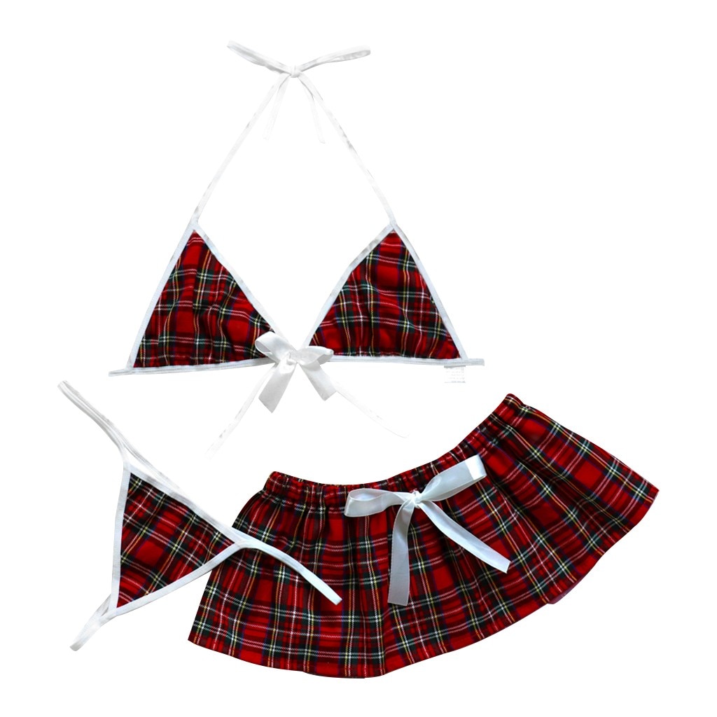 3 Pcs Women's Sexy Plaid Uniform Set